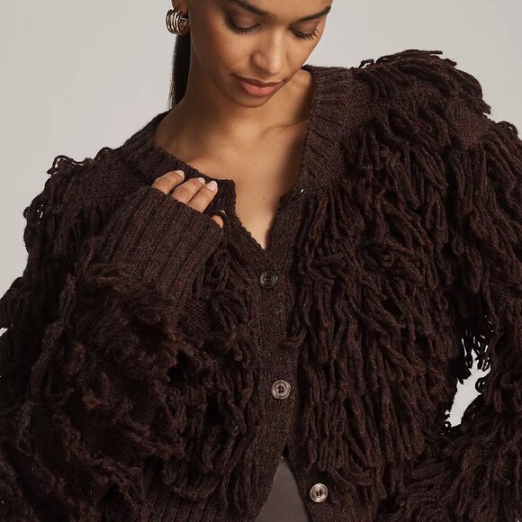 Anthropologie Brown. Loopy Fringe Textured Cardigan Size L. NWOT - Picture 7 of 9